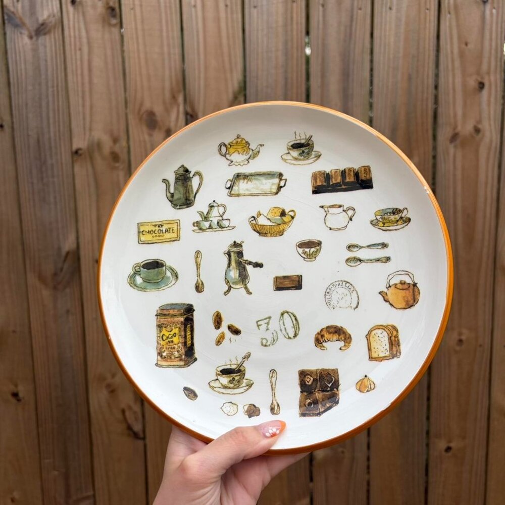 Vintage-Style Ceramic Plate w/ Coffee & Chocolate Illustrations